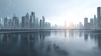 Obraz premium A serene cityscape on a snowy day skyscrapers reflecting off the wet ground