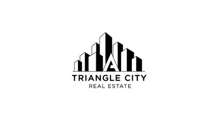 Modern Real Estate Logo with City Skyline Buildings and Abstract 'A' Initial Design