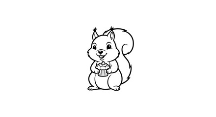 Fototapeta premium Smiling cartoon squirrel holding a delicious cupcake, isolated black and white line art drawing for coloring