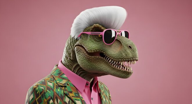 A stylish green dinosaur wearing sunglasses and a pink shirt with a white pompadour haircut against a pink background