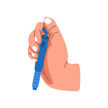 Human hand firmly grasping a blue instrument designed for precision liquid handling