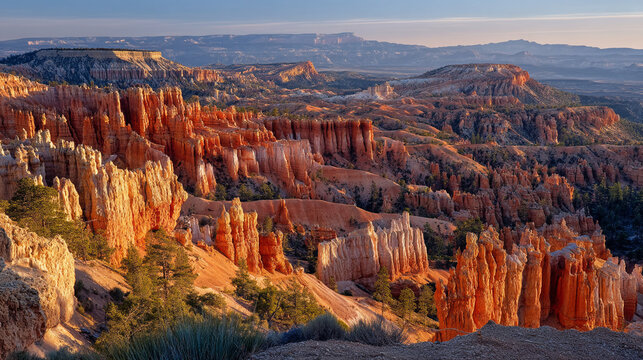 A breathtaking landscape of hoodoos in Bryce Canyon National Park at sunrise