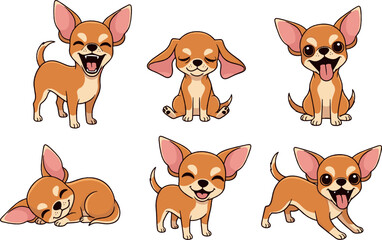 Obraz premium Cute chihuahua dog cartoon character set flat vector illustration with small puppy sitting sleeping and playful poses