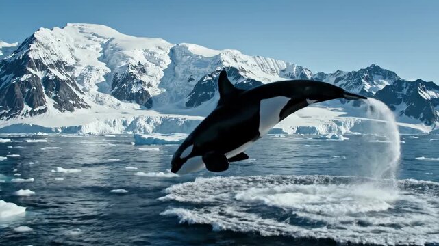 Orca breaching in cold water with snow mountains and icebergs