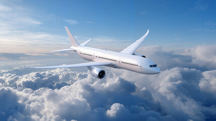 Fototapeta premium Commercial airplane flying above clouds in clear blue sky 