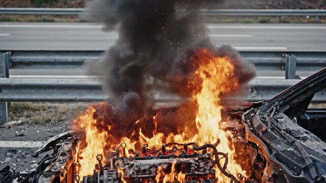 Car engine engulfed in intense flames on the side of a highway. Thick black smoke billows into the sky. A devastating accident scene.