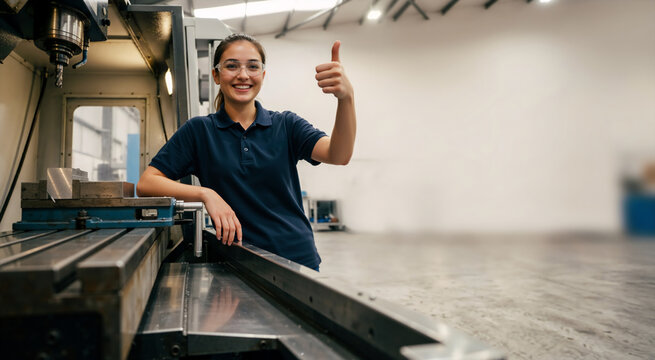 Smiling female industrial worker giving thumbs up with copy space. Happy Asian engineer in a factory setting. Manufacturing career concept. Copy space for text