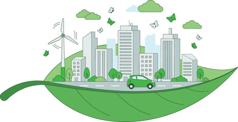 Obraz premium Eco friendly smart city concept with green electric car wind turbine buildings trees and nature landscape sustainable urban environment vector illustration