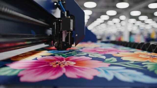 Large format digital fabric printing machine producing vibrant floral design textile