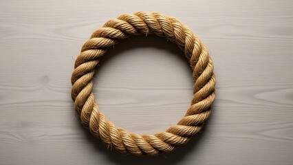 Obraz premium Rustic nautical rope circle on wood texture surface background flat lay