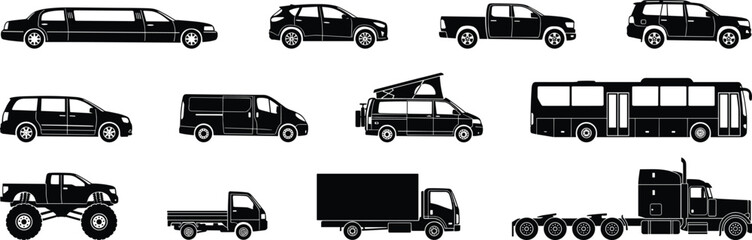 Vehicle silhouette collection set including limousine SUV pickup truck van bus monster off road car and transport icons isolated vector illustration © Creative Vector