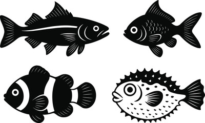 Fish silhouette icon set, ocean and freshwater fish collection including bass, clownfish and puffer fish, aquatic wildlife vector illustration © LITON