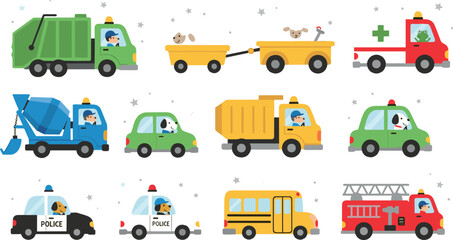 Cute cartoon city vehicles collection flat vector illustration with garbage truck ambulance police car school bus fire engine and construction transport © Nasrin