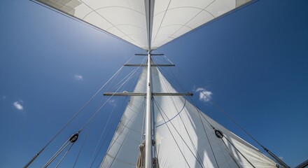 Fototapeta premium A dramatic low-angle shot looking straight up the mast of a sailboat towards a bright blue sky. The white sails are unfurled, and the rigging lines create geometric patterns against the sun