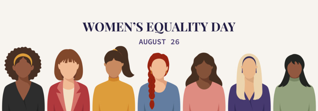 Women's Equality Day August 26 banner with diverse group of faceless women 