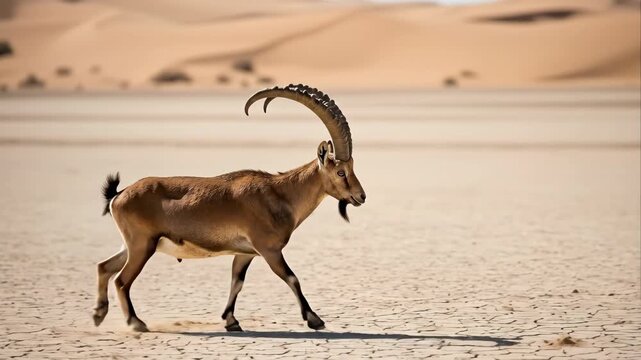 Graceful ibex walking across sunlit desert landscape