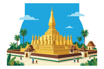 Golden Temple Serenity: This is a beautiful illustration of a golden temple and landscape, with vibrant colors and a serene atmosphere, inviting you to experience the beauty of the structure.