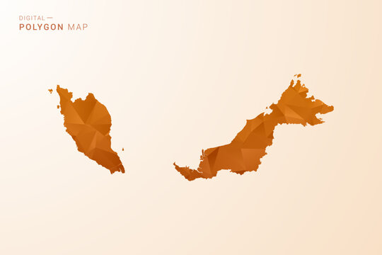 Malaysia Map - Low Poly Polygon Vector Illustration in Orange Hue, Clean Geometric Style, Isolated on White Background.
