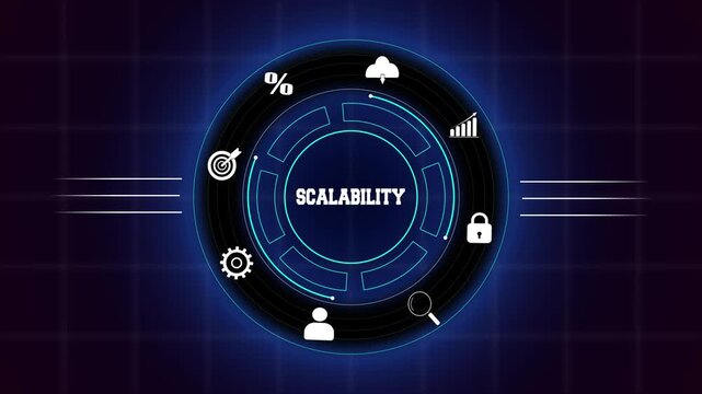 Business scalability and growth potential visualization concept, featuring a glowing blue digital circular interface with corporate icons for long-term expansion plans.