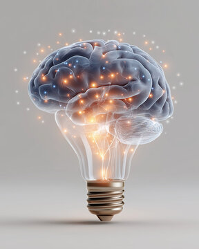 Innovation Illuminates: A luminous brain encased within a glowing light bulb, representing the spark of innovation, creativity, and the power of thought in a conceptual display.
