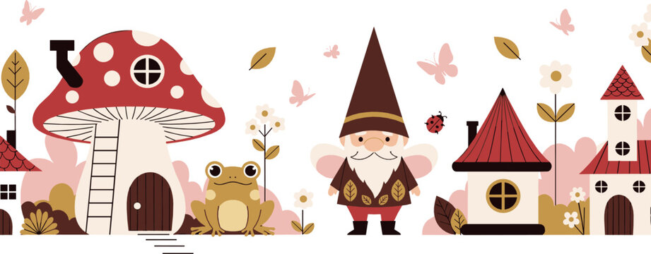 Cute fairy tale gnome with mushroom house and frog cartoon vector illustration