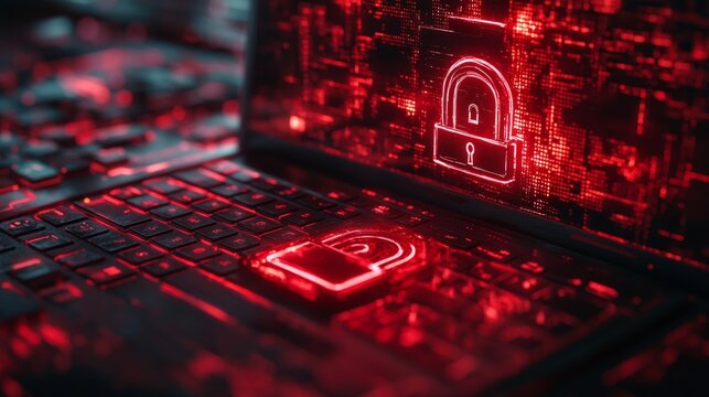 The red lock on a laptop keyboard, symbolising cyber threats and the need for data protection, will serve as an expressive atmospheric backdrop for publications on cybersecurity.