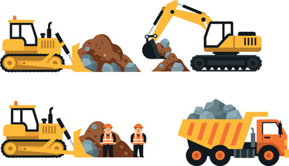 Construction machinery and workers set with bulldozer, excavator and dump truck in flat vector style, heavy equipment illustration for building and engineering industry © MstRazia