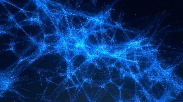 Abstract blue network of interconnected lines and nodes against a dark background. Visual representation of technology, connectivity, and digital communication