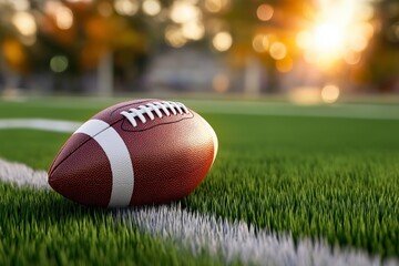 Fototapeta premium Close up of an American football resting on green grass field with yard lines visible during golden hour, warm sunlight, shallow depth of field, sports background