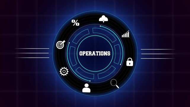 Daily business operations and workflow efficiency management concept, featuring a glowing blue digital circular interface with icons for corporate productivity analysis.