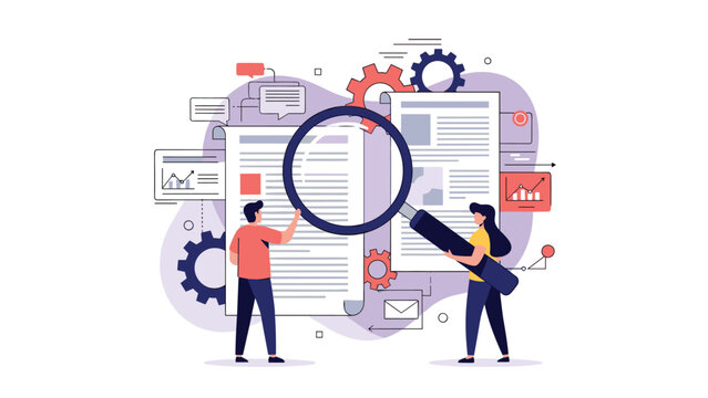 Business experts examining corporate documents and data through a large magnifying glass to ensure quality control and thorough internal auditing.
