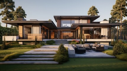 Obraz premium Modern luxury home with spacious outdoor living area and beautiful landscaping