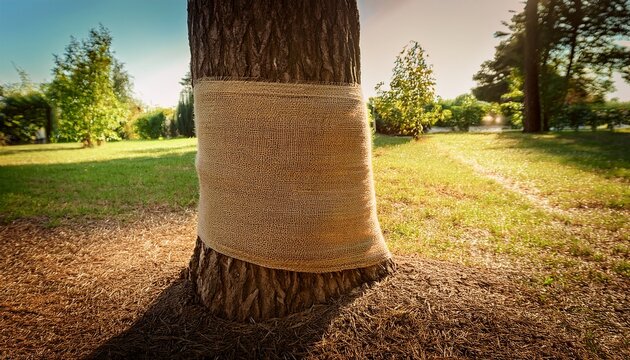 tree trunk wrapped in burlap for protection against sunburn
