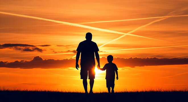 Silhouette of a man and a child watching the sunset