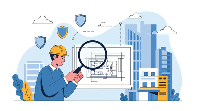 Detailed architectural inspection where an engineer uses a magnifying glass to review building plans and blueprints for safety.