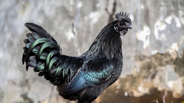 Rare Black Ayam Cemani Chicken with Iridescent Feathers.
