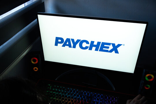 Punta Arenas, Chile &ndash; March 07, 2026: Blue Paychex corporate logo and wordmark displayed on a bright computer monitor screen