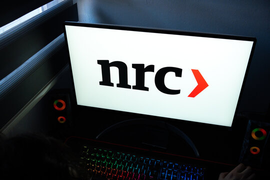 Punta Arenas, Chile &ndash; March 07, 2026: Black NRC corporate logo and red arrow emblem displayed on a bright computer monitor screen