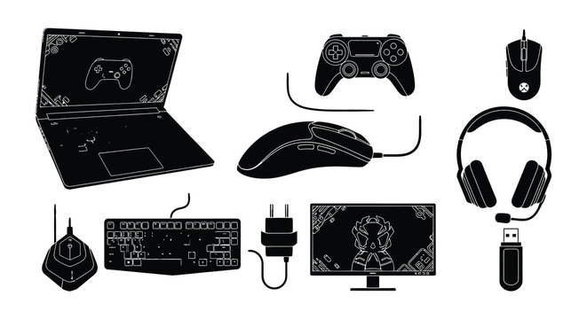 Gaming setup icons laptop controller keyboard headset and accessories