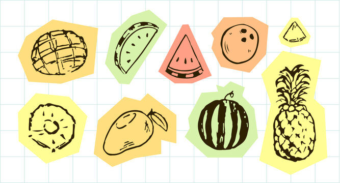 Hand drawn tropical fruits collection on colorful organic paper cut shapes, pineapple mango and watermelon doodle sketch elements on white grid background