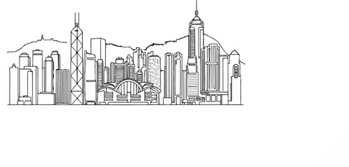 Obraz premium Black and white sketch of a modern city skyline with mountains in the background