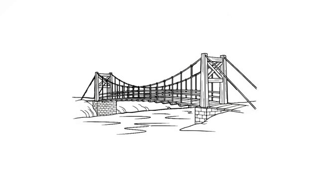 Detailed sketch of a suspension bridge over a river with stone abutments