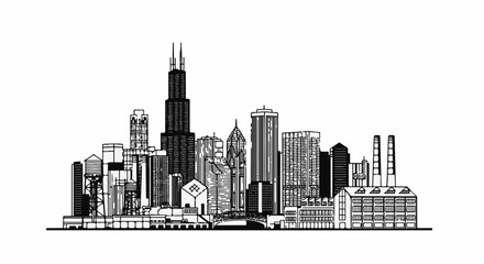 Obraz premium Black and white line art of a city skyline with diverse buildings and industrial elements