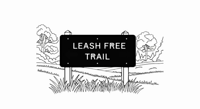 Black sign in landscape says "LEASH FREE TRAIL" with trees and grass