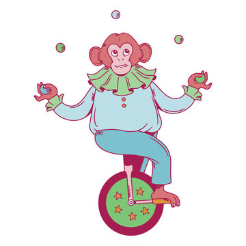 A mischievous monkey juggler riding a unicycle