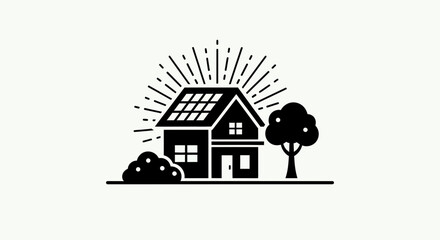 Fototapeta premium Simple black and white illustration of a house with solar panels on the roof.