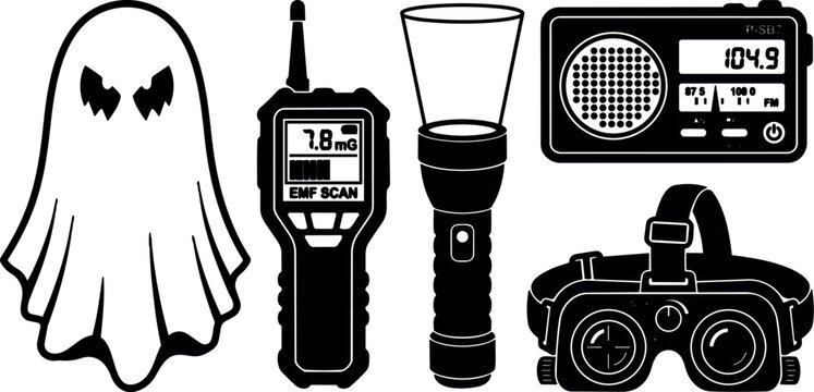 Flat design front view paranormal investigation gear set with ghost icon emf meter flashlight radio and night vision goggles silhouette