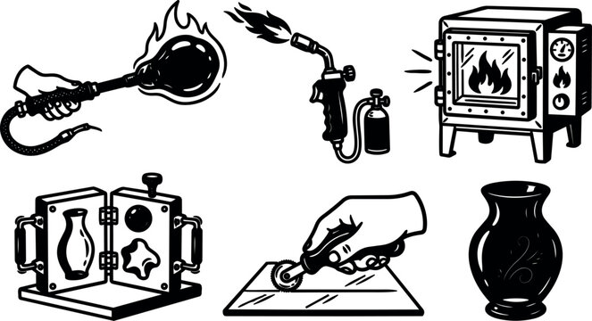 Line art close up of glassblowing tools torch furnace mold hand shaping molten glass to form decorative vase black white