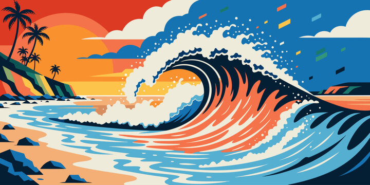 Oahu North Shore Surfing Wave &ndash; Vibrant Sunset Panorama, Ultra‑Wide Flat Vector Design, Iconic Hawaiian Coastline Scene, United States