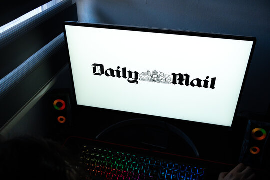 Punta Arenas, Chile &ndash; March 07, 2026: Black Daily Mail corporate wordmark and royal coat of arms emblem displayed on a bright computer monitor screen
